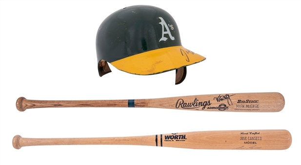 Lot of (3) 1980s Oakland As Game Used & Signed Bats and Batting Helmets Including Jose Canseco and Mark McGwire (PSA/DNA, Beckett)